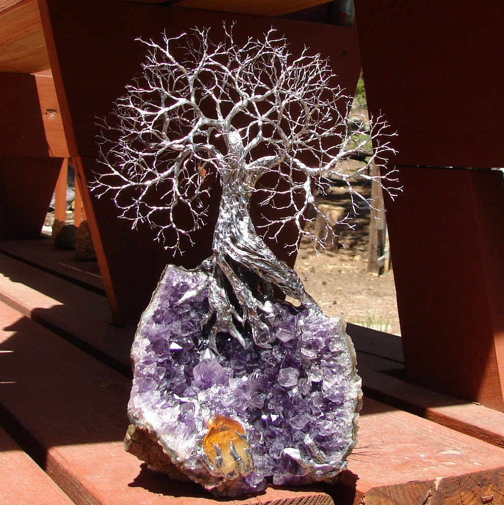 Wire Tree Of Life Ancient Spirit sculpture on Uruguay Amethyst