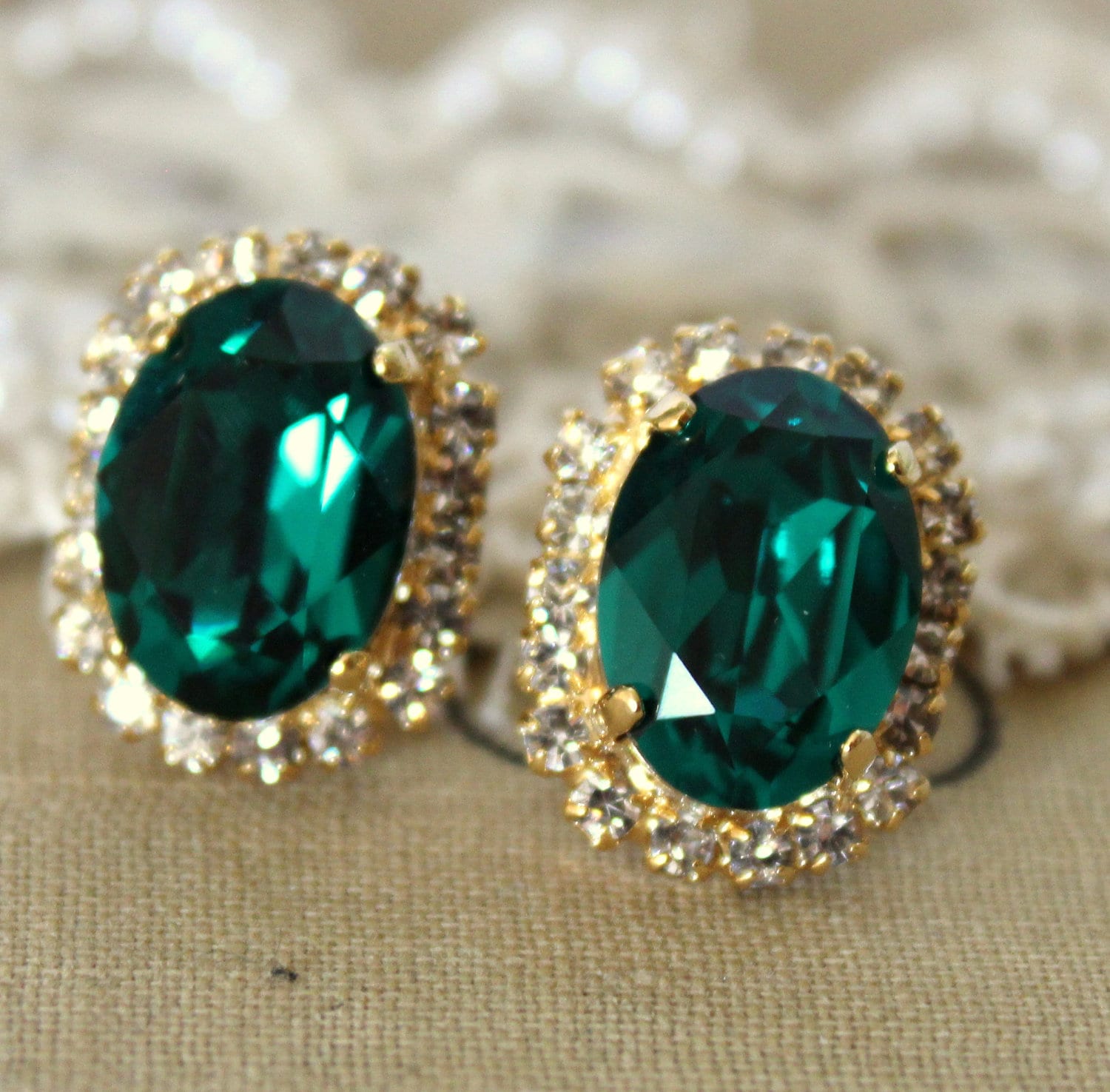 Emerald stud earrings Oval Emerald Swarovski earrings by iloniti