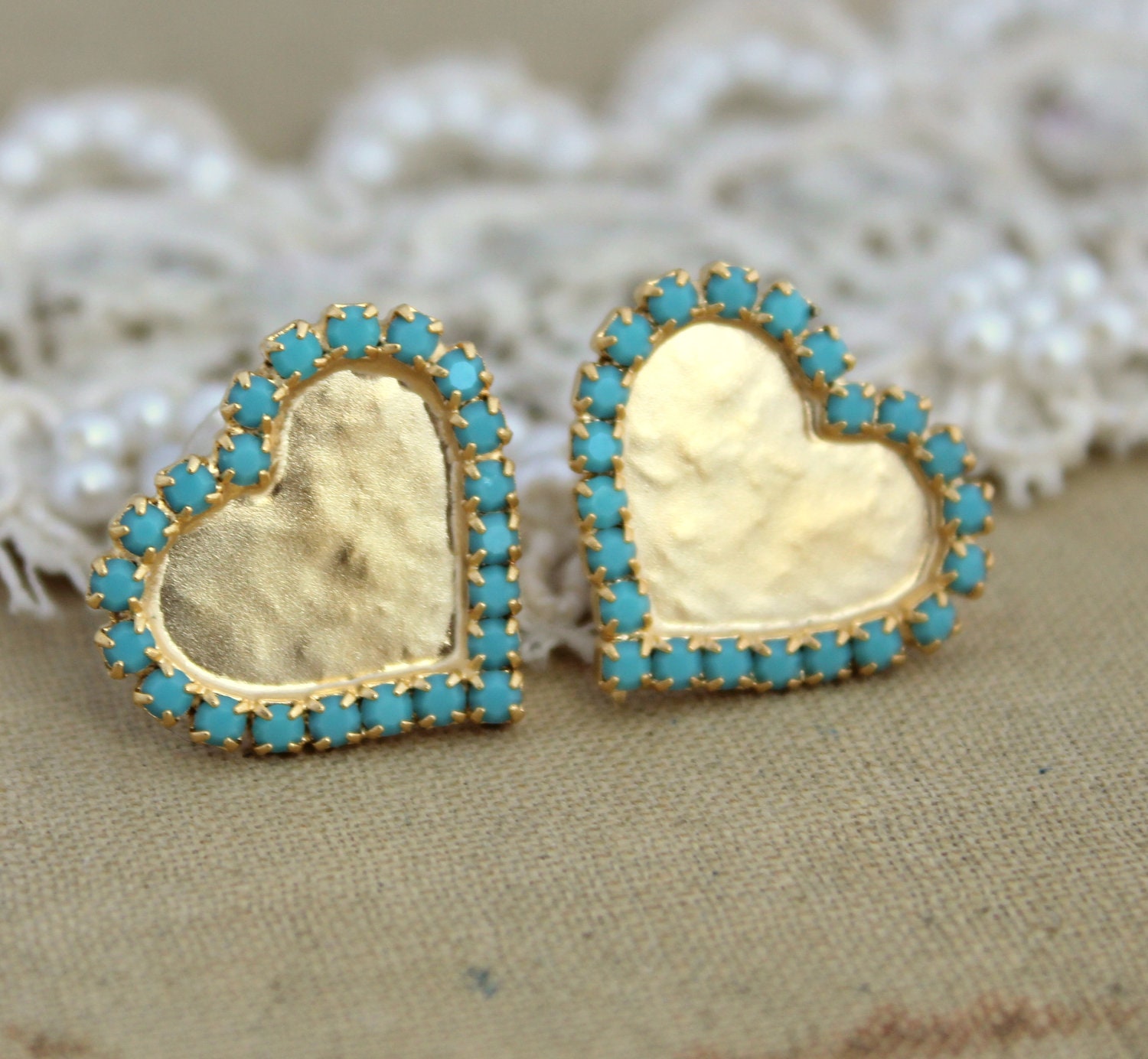Gold Turquoise stud heart earrings plated real gold elegant