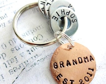 GRANDMA Gift Personalized keychain - Hand Stamped Key Chain - Copper Disc & Washers