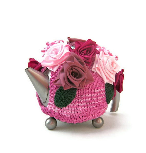 Knitted tea cosy pink cozy kitsch cottage chic rose by jarg0n