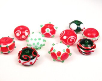 Large Christmas Lampwork Beads // Chunky Christmas Lampwork Beads // Red and Green Lampwork Beads // Handmade Christmas Lampwork Beads