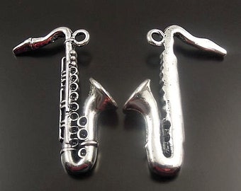 2 Large Saxophone Charms Antique Silver 3D Super Detailing - SC1542