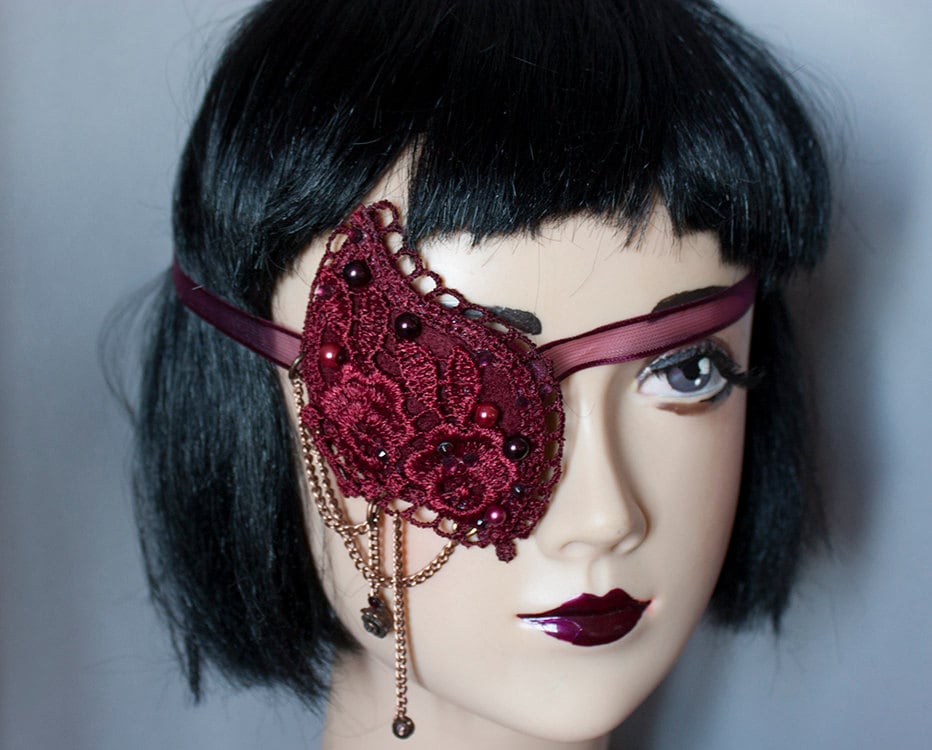 Cunene Eyepatch Victorian Gothic Pirate Burgundy Wine Lace And