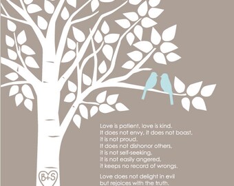 Personalized Custom 1 Corinthians 13 Love Birds Family Tree - Wedding Gift or First Anniversary Paper Gift - 8"x10" (Taupe/Pale Blue))