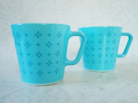 Vintage Pyrex Atomic Star Coffee Mugs, Vintage Turquoise Blue Pyrex Foulard Coffee Cups