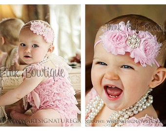 SALE Pink petti lace romper and headband SET, petti romper,baby headband, flower headband,vintage inspired headband and lace petti romper