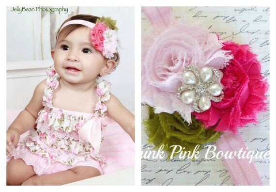 Floral petti lace romper and headband SET, petti romper,baby headband, flower headband,vintage inspired headband and lace petti romper by ThinkPinkBows