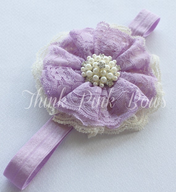 Baby Headband,Lace Headband, baby girl headband,Newborn Headband, shabby chic headband,Lavender Headband,Baby Bows, Hair Bows. by ThinkPinkBows