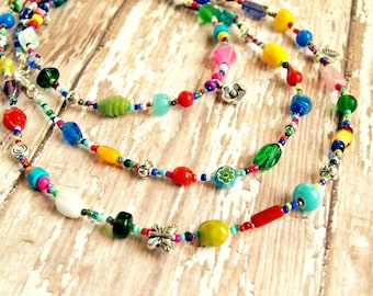 colorful long beaded necklace, boho jewelry, multicolored necklace, multistrand necklace