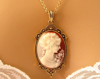 Peach Cameo: Victorian Woman Peach Cameo Necklace, Antiqued Gold, Vintage Inspired Romantic Victorian Jewelry, Romantic Gift for Her