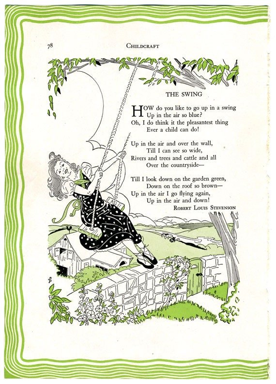 THE SWING Vintage Book Art & Poem CHILDCRAFT Poems of Early