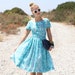 VTG 1950s 50s Jonathan Logan Turquoise Floral Dress w/ Full Skirt S