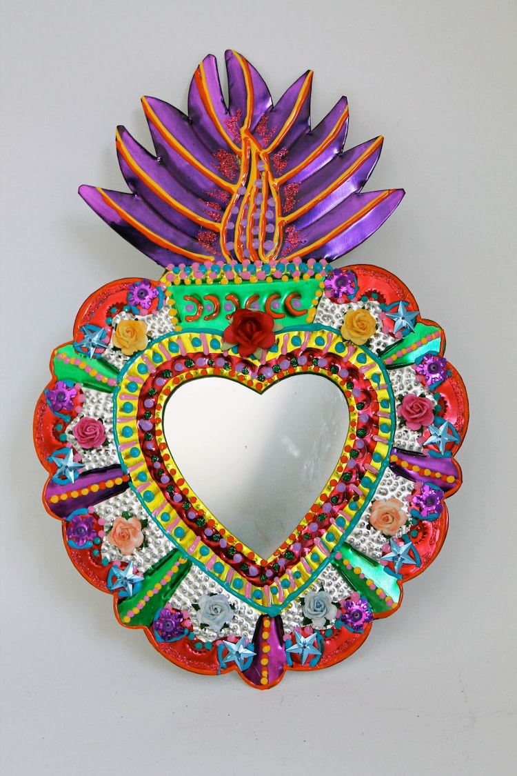 Sacred Heart tin metal mirror / Mexican folk art by TheVirginRose