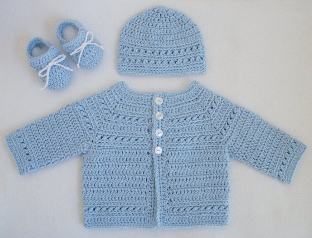 Crocheted Baby Boy Sweater/Hat/Booties Set in Pale Blue by R0SEDEW