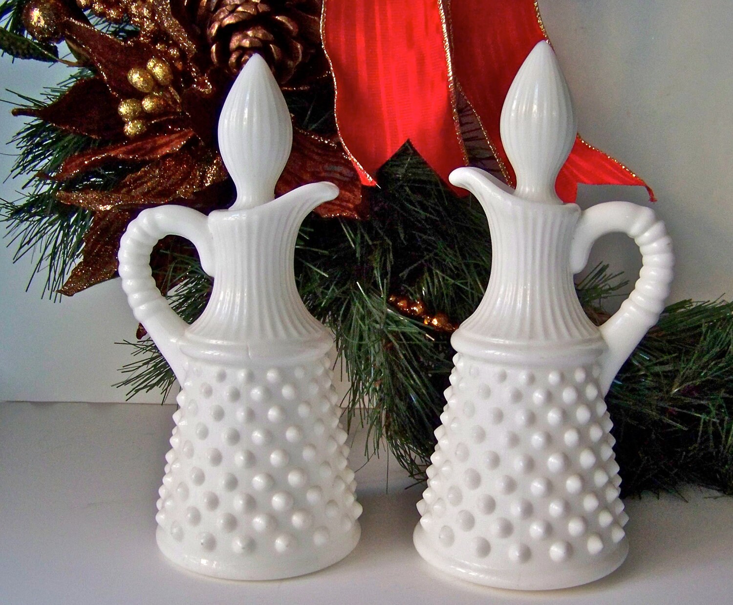 Vintage Milk Glass Hobnail Cruets Oil and Vinegar Cruets Kitchen