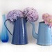 Circa 1920 , enamelware French vintage lavender blue grey enamel coffee pot, enamel vase, enamelware