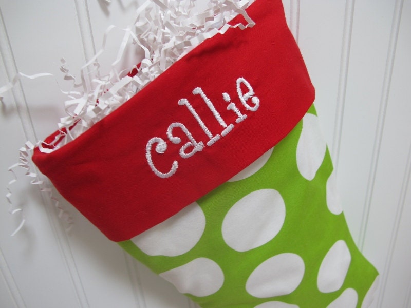 Polka Dot Christmas Stocking embroidered monogram Bright