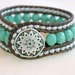 Turquoise bohemian beaded distressed leather wrap bracelet, boho chic, cuff, Chan Luu style, silver, green
