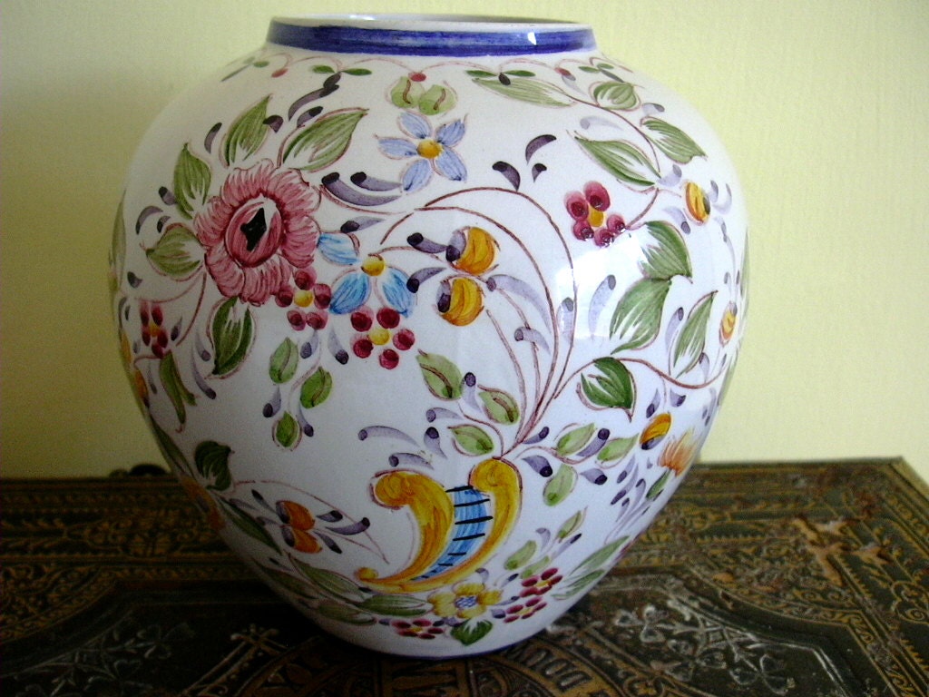 Hand Painted Portuguese Art Pottery Vase Floral Flowers