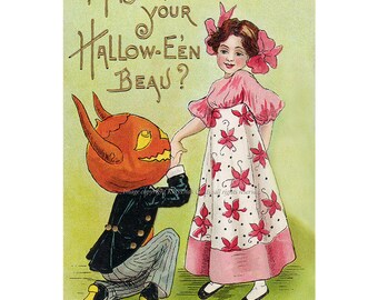Halloween Demon Card - Pumpkin Head Boyfriend and Woman Greeting Card