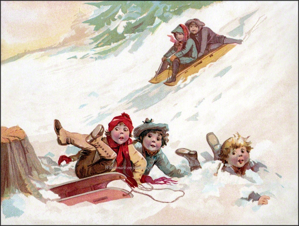 Christmas Card Children Sledding Sled Riding Vintage Style