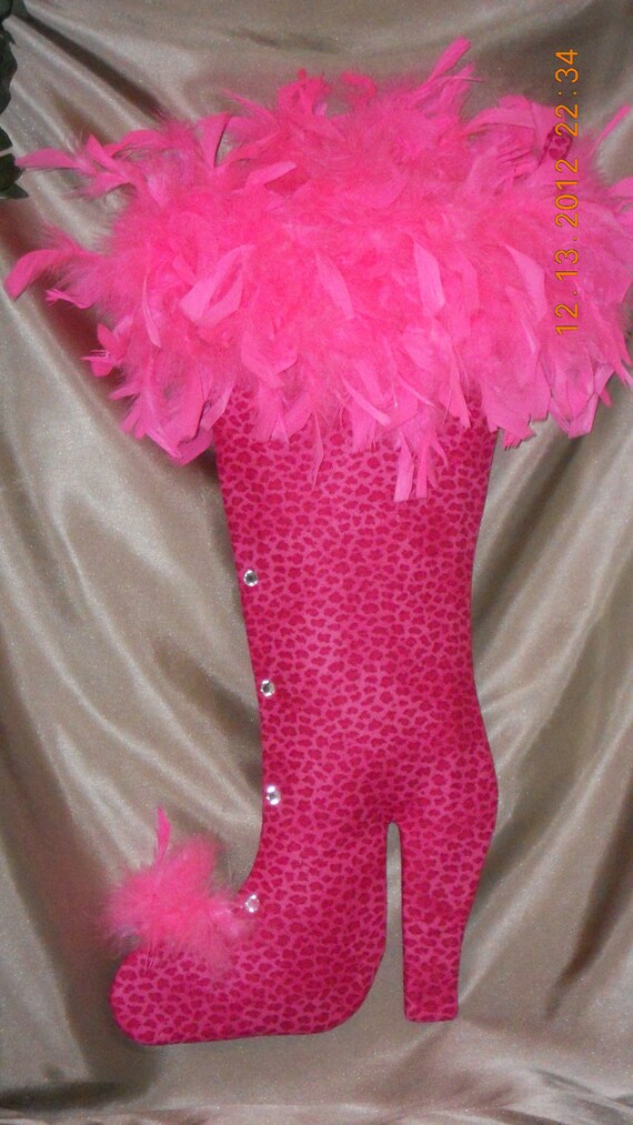 High Heel Christmas Stocking Boot Pink Leopard with Pink
