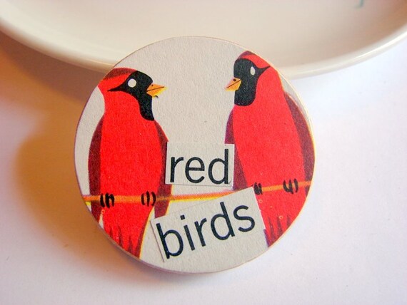 Wood Pin  Red Birds  Medium Vintage Paper Decoupage by mimiandlucy