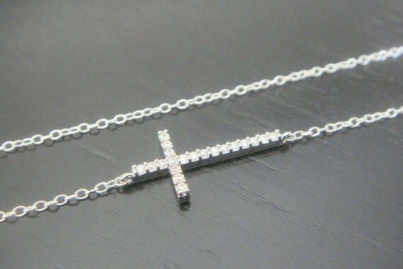 Sterling Silver Crystal Sideways Cross Necklace by ElegantSwan