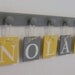 Yellow Grey Nursery Wooden Wall Letters Sign Set Includes 5 Wooden Pegs in Yellow and Gray. Personalized Hanging Ribbon Letters for NOLAN