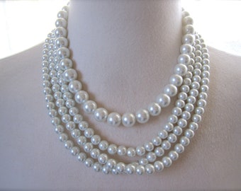 White Pearls Necklace Multi Strand Wedding Jewelry By Jooladesigns