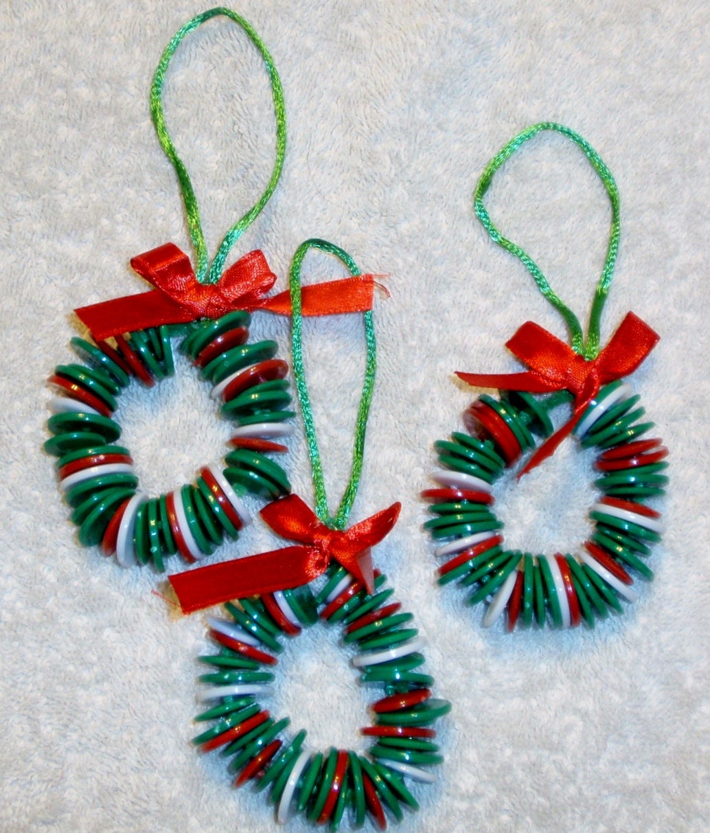 Button Wreath Christmas Ornaments Set of 3