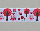 Owls, hearts & trees on white 7/8" grosgrain ribbon Valentines Il_170x135