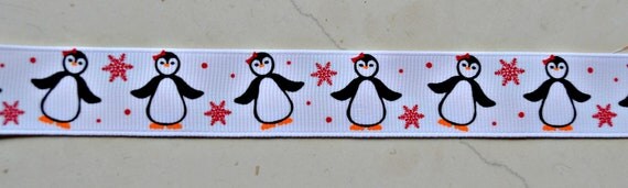 Snowflakes and penguins on white 7/8" grosgrain ribbon Christmas Il_570xn