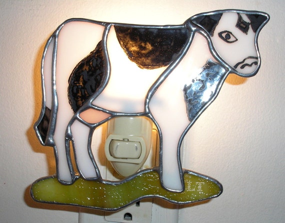 LT Stained glass Holstein cow night light lamp black and white