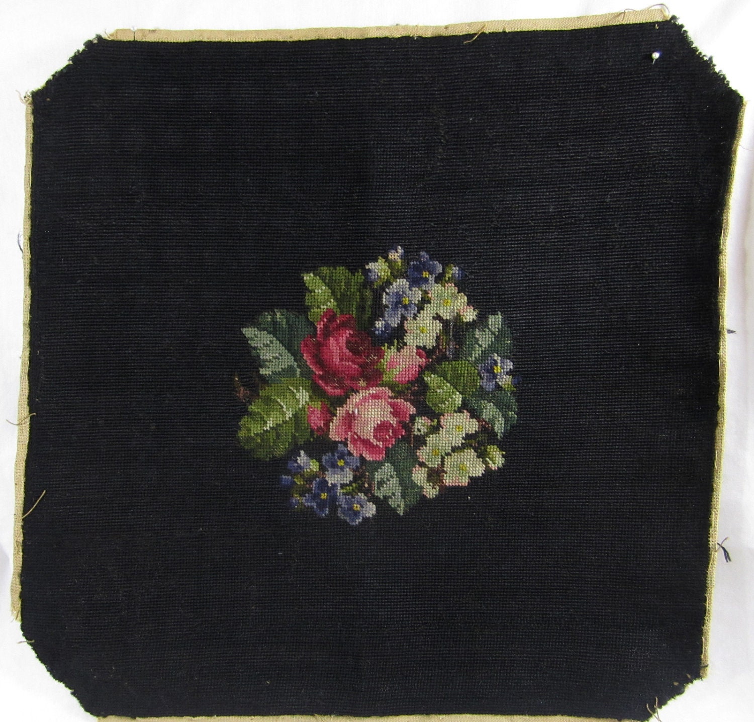 Vintage Needlepoint Chair Seat Cushion cover Floral bouquet