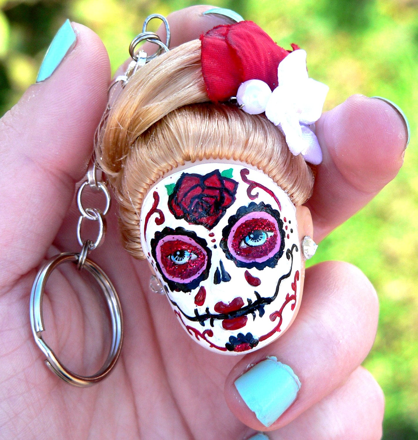 Sugar Skull Day of the Dead Doll Head Keychain Custom