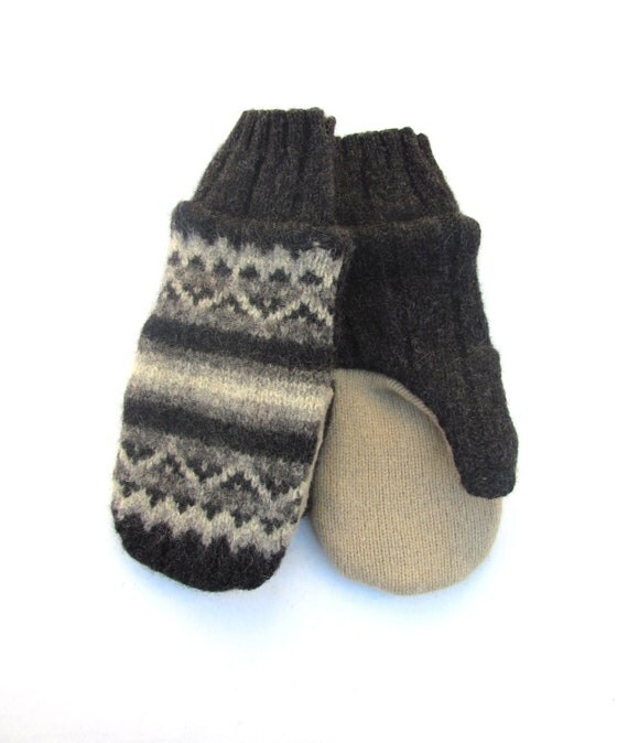 Mens Felted Wool Mittens Fleece Lined Black Grey and Khaki