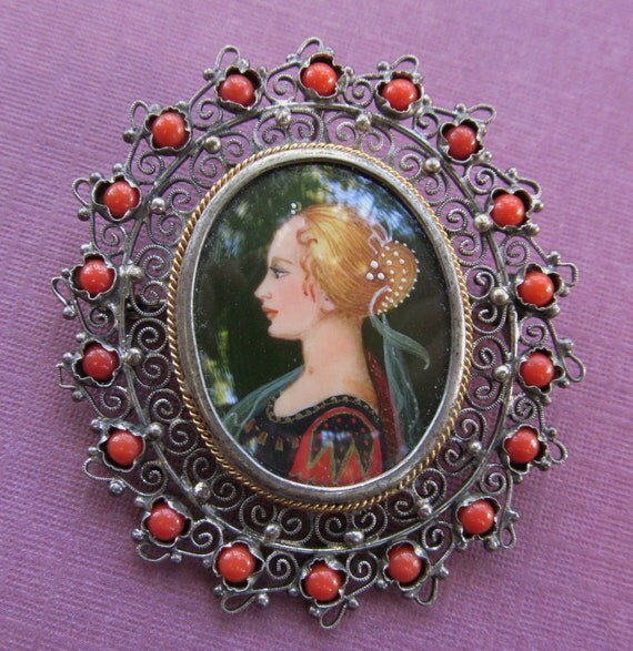 Antique Hand Painted Brooch Renaissance Lady by SarahAndJohns