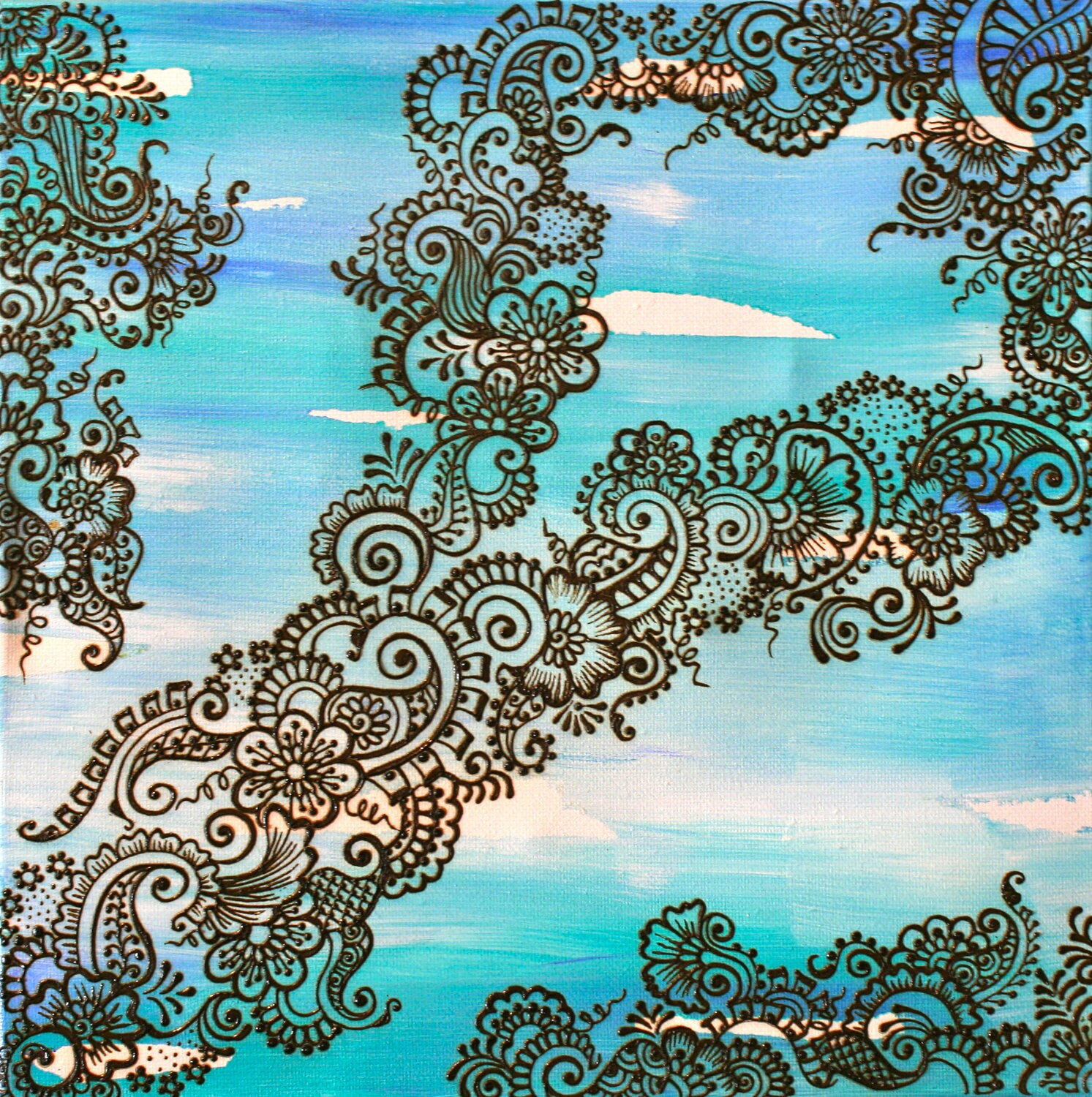  Henna  Painting  on Canvas  Traditional Indian Design  Blue