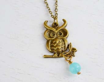 Owl Necklace, Owl Jewelry Necklace,Owl Charm Necklace, Christmas Gift,Chalcedony Necklace. Antique Brass Necklace, gift to her,Cyber Monday