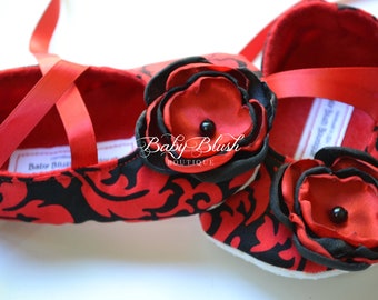 Red & Black Damask Baby Shoes Soft Ballerina Slippers Baby Booties
