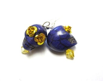 Skull Earrings Day of The Dead Jewelry Purple Gold Rose Sugar Skull