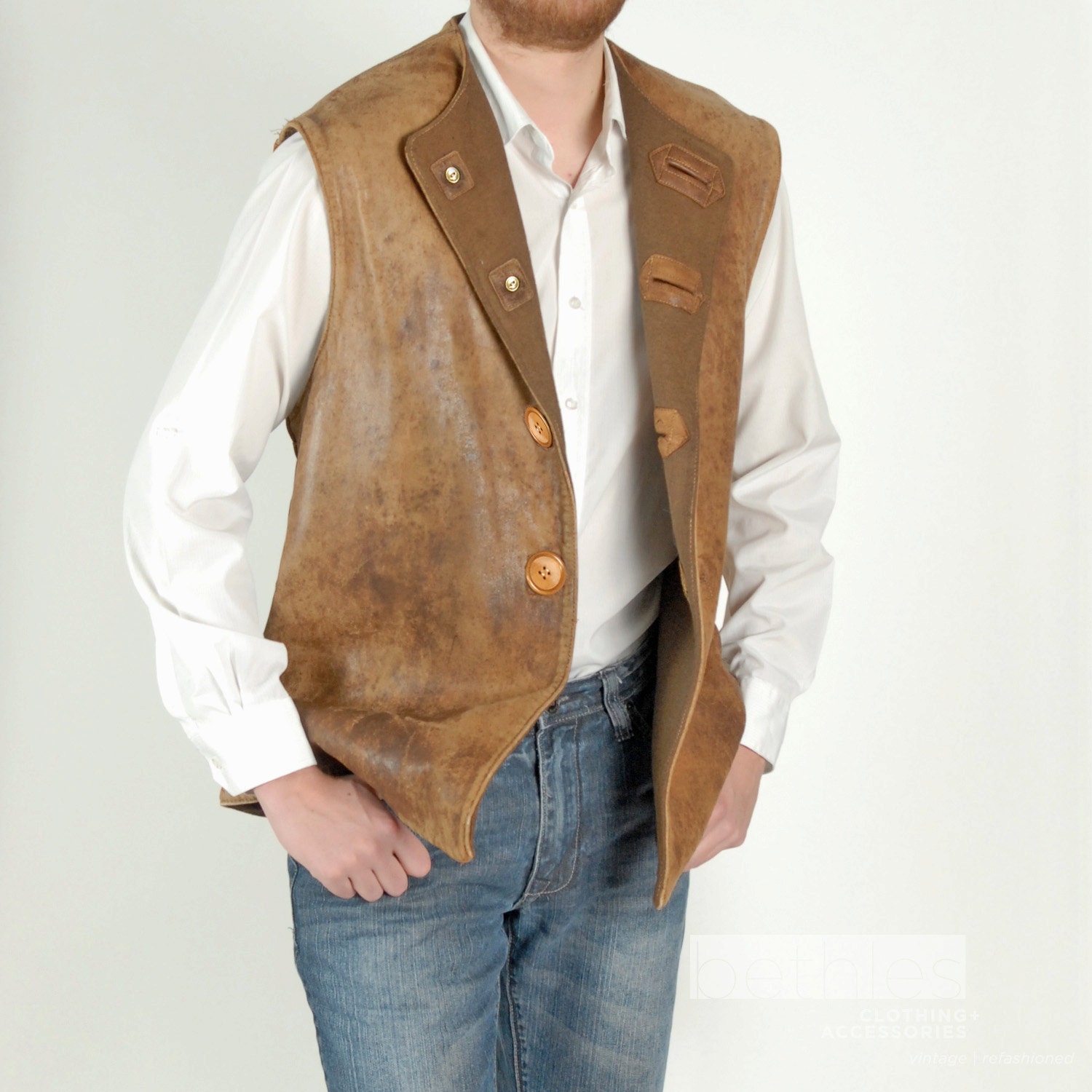 Mens Tan Leather Vest Western Wool Lined Large by Bethlesvintage
