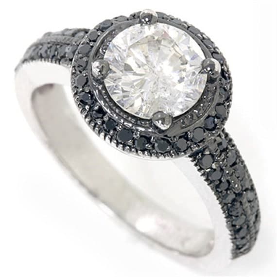 77CT Vintage Pave Black Diamond Halo Engagement Ring 14K White Gold ...