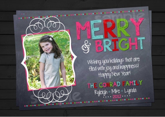 Merry & Bright Chalkboard Style Christmas Card Holiday Card digital file YOU-PRINT Il_570xn