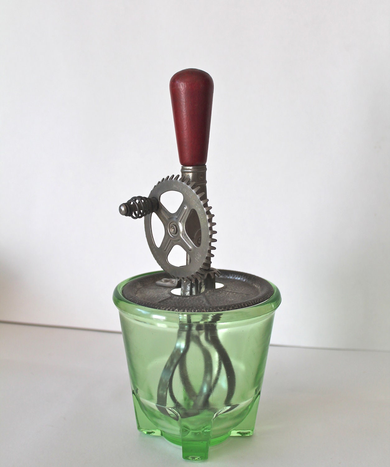 Vintage A&J Egg or Mayo Beater with Depression Green Glass