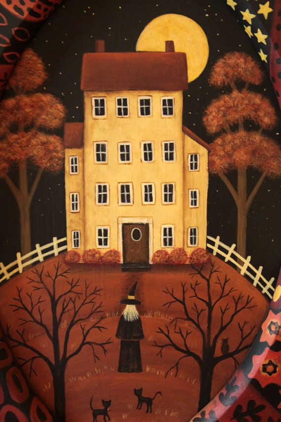 Halloween Folk Art Hand Painted Vintage Primitive Wood Framed