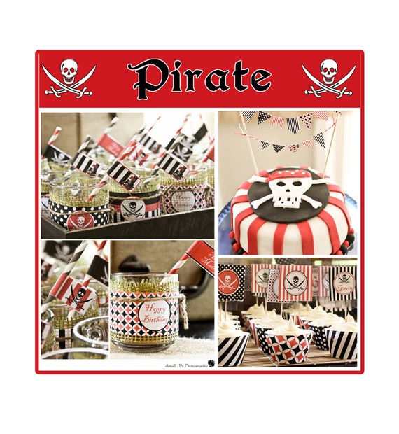 DIY Deluxe PIRATE Birthday Party PRINTABLE Part Package red black white Banner invitation Il_570xn