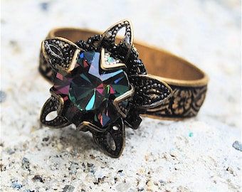 Dark Rainbow Swarovski Crystal Ring Victorian Stargazer Vintage Dark Rainbow Antiqued Brass Adjustable Ring Mashugana
